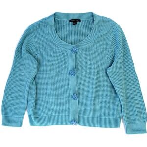 August Silk Teal Blue Waffle Knit Cardigan Beaded Floral Button Sweater XL